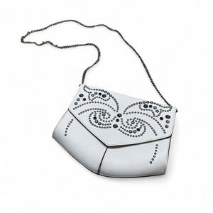 White and silver Express crossbody bag with silver chain beaded magnetic flap
